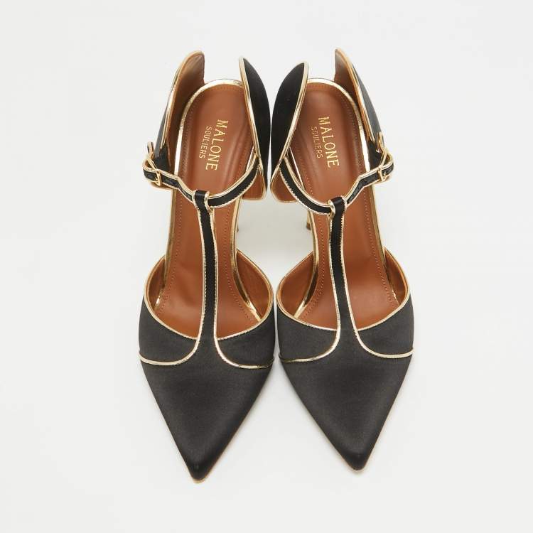 Pre Owned Malone Souliers Black/Gold Satin And Leather Imogen Pointed Toe Sandals Size 41