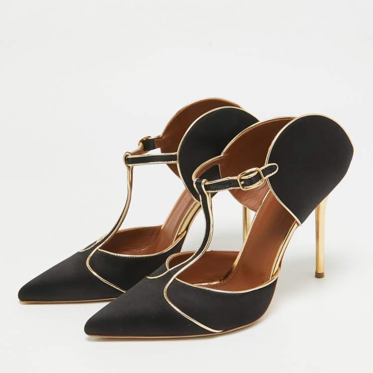 Pre Owned Malone Souliers Black/Gold Satin And Leather Imogen Pointed Toe Sandals Size 41