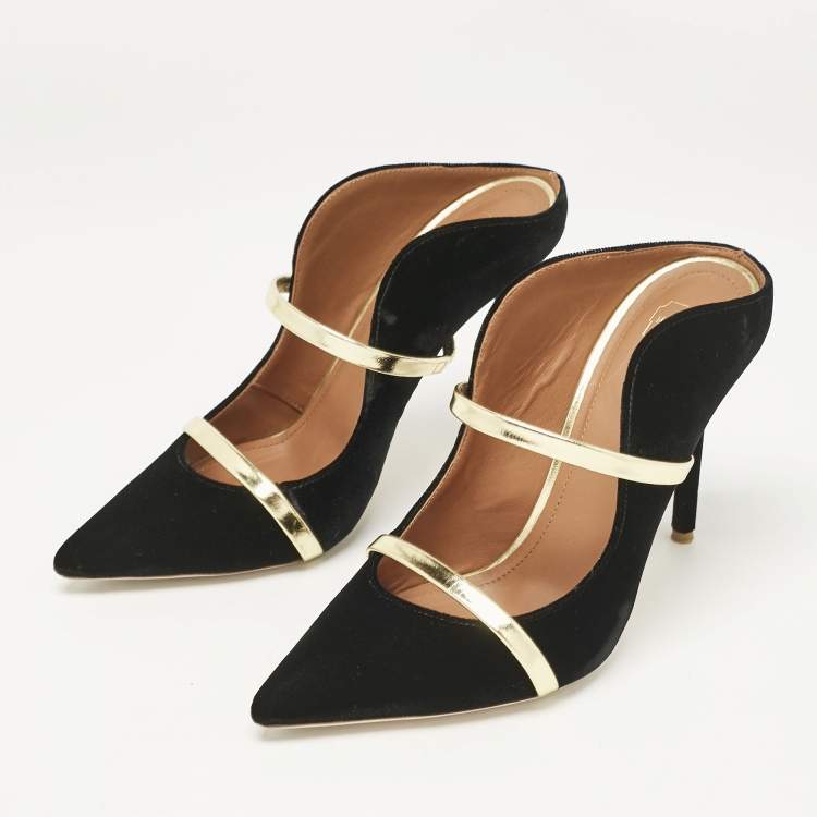 Pre Owned Malone Souliers Black/Gold Velvet and Leather Maureen Mules Size 38