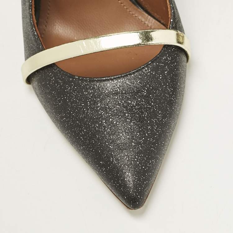 Pre Owned Malone Souliers Grey/Gold Glitter Leather Maureen Mules Size 37.5