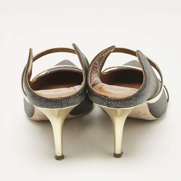 Pre Owned Malone Souliers Grey/Gold Glitter Leather Maureen Mules Size 37.5