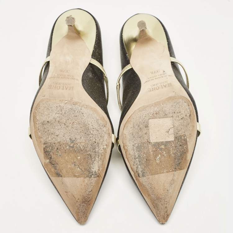 Pre Owned Malone Souliers Grey/Gold Glitter Leather Maureen Mules Size 37.5