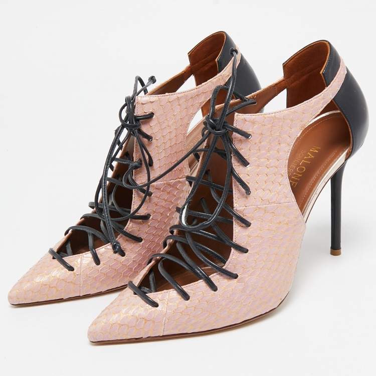 Pre Owned Malone Souliers Beige/Black Leather and Python Montana Lace Up Booties Size 38
