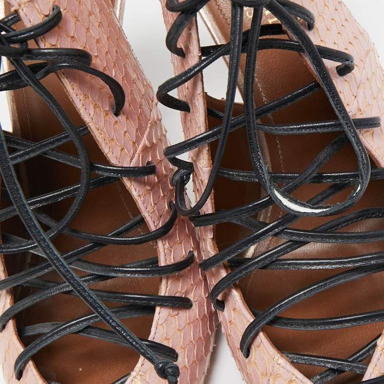 Pre Owned Malone Souliers Beige/Black Leather and Python Montana Lace Up Booties Size 38