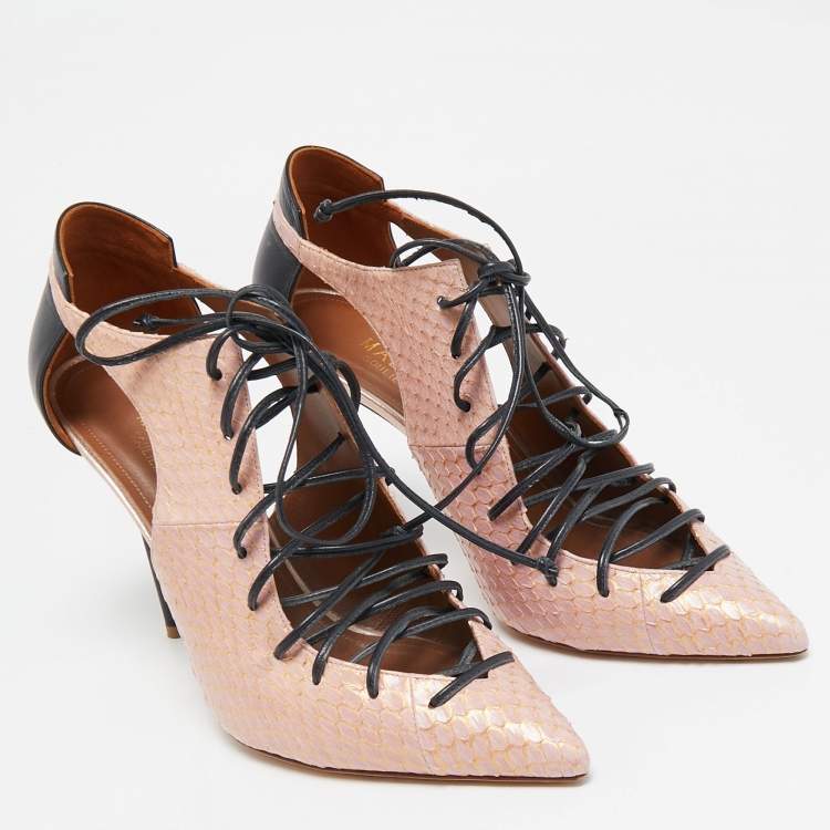 Pre Owned Malone Souliers Beige/Black Leather and Python Montana Lace Up Booties Size 38