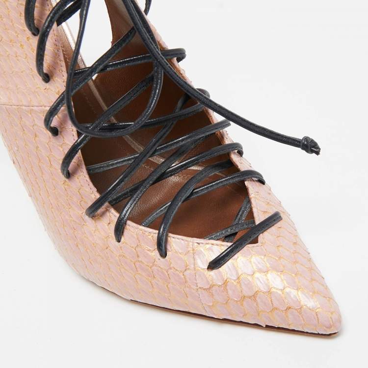 Pre Owned Malone Souliers Beige/Black Leather and Python Montana Lace Up Booties Size 38