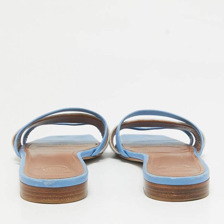 Pre Owned Malone Souliers Grey/Blue Leather And Fabric Demi Flat Slides Size 40