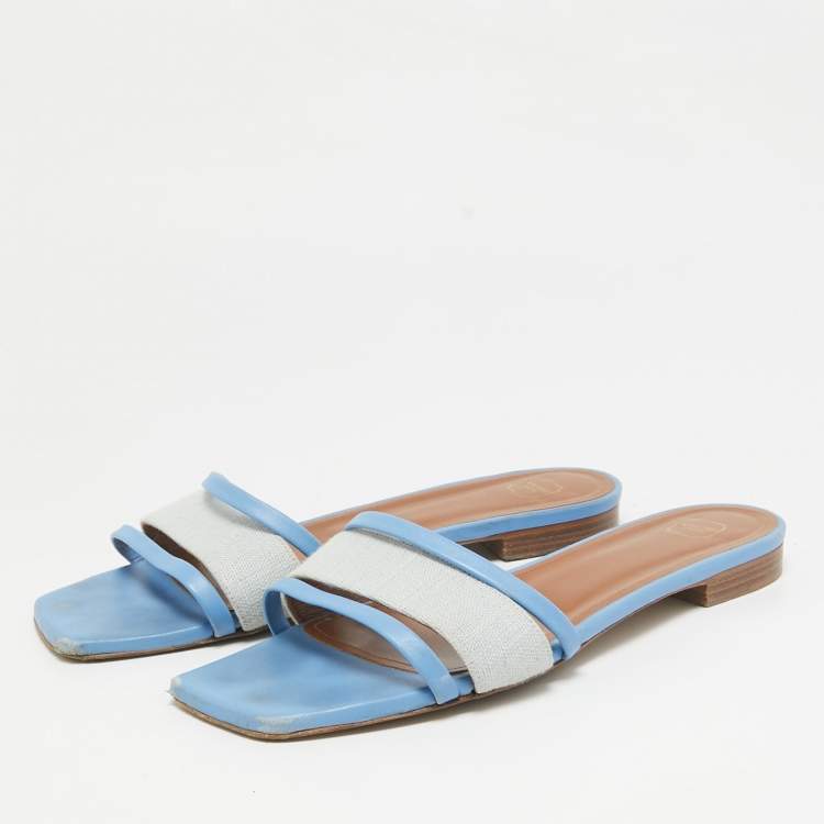 Pre Owned Malone Souliers Grey/Blue Leather And Fabric Demi Flat Slides Size 40