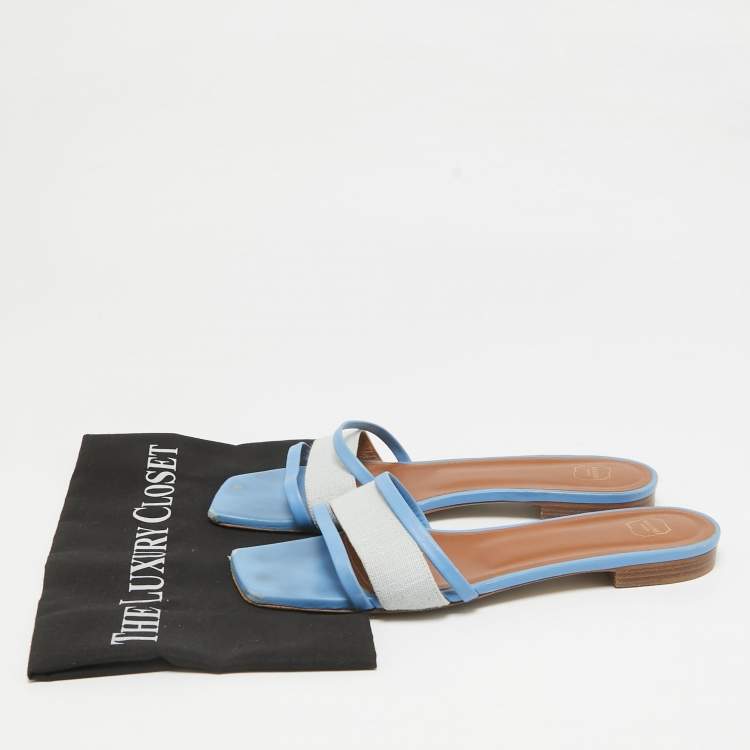 Pre Owned Malone Souliers Grey/Blue Leather And Fabric Demi Flat Slides Size 40