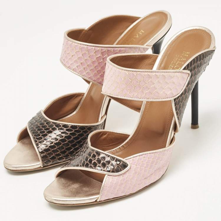 Pre Owned Malone Souliers Pink/Navy Blue Elaphe Olivia Slide Sandals Size 42