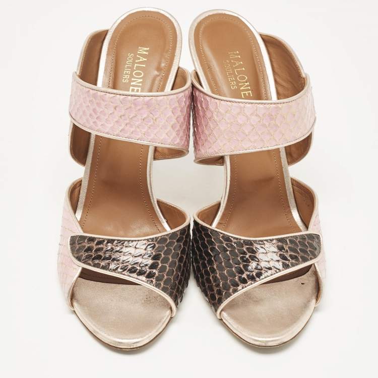 Pre Owned Malone Souliers Pink/Navy Blue Elaphe Olivia Slide Sandals Size 42