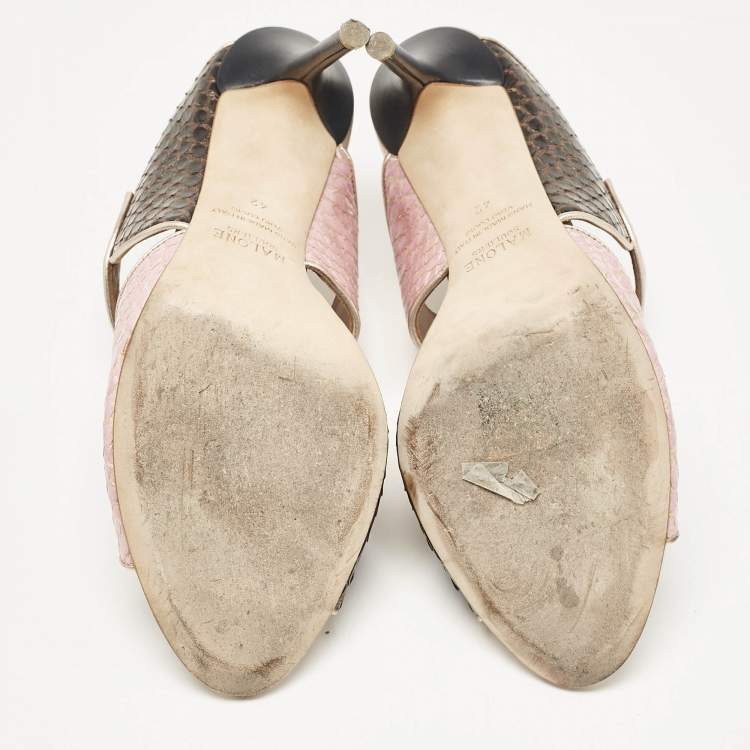 Pre Owned Malone Souliers Pink/Navy Blue Elaphe Olivia Slide Sandals Size 42