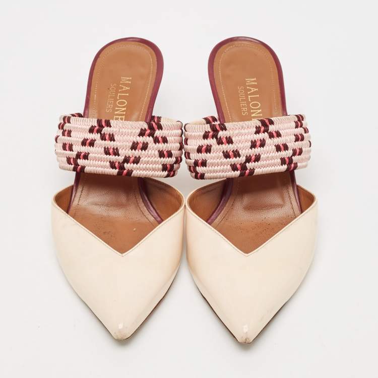 Pre Owned Malone Souliers Cream Leather and Patent Leather Maisie Mules Size 36.5