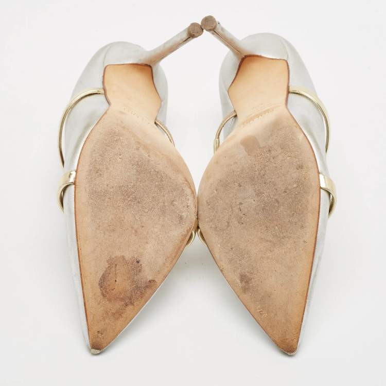 Pre Owned Malone Souliers Gold/Silver Leather Maureen Pointed Toe Mules Sandals Size 37.5