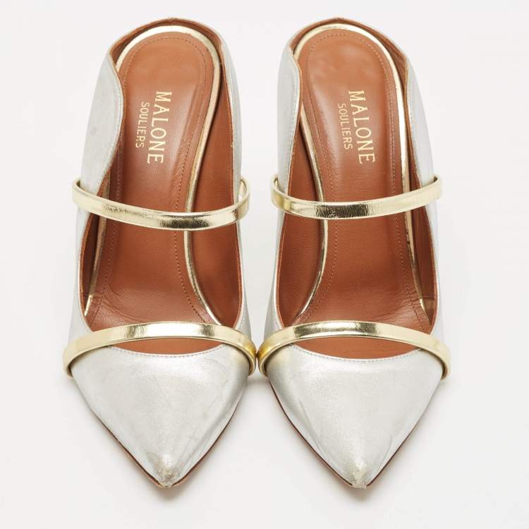 Pre Owned Malone Souliers Gold/Silver Leather Maureen Pointed Toe Mules Sandals Size 37.5