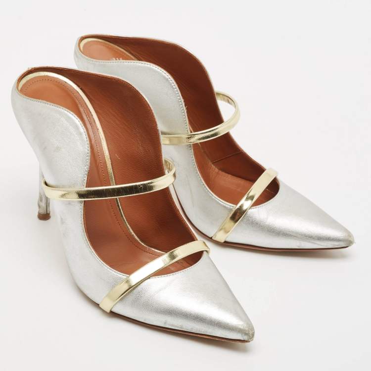 Pre Owned Malone Souliers Gold/Silver Leather Maureen Pointed Toe Mules Sandals Size 37.5