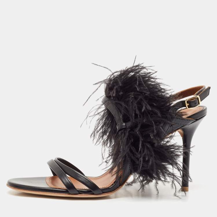 Pre Owned Malone Souliers Black Leather Sonia Feather Slide Sandals Size 37