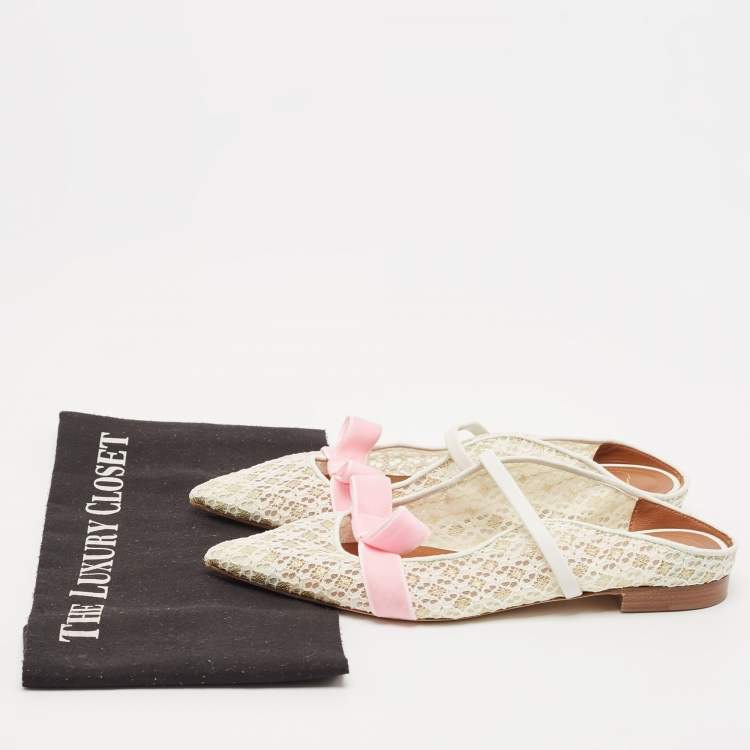 Pre Owned Malone Souliers White/Pink Lace and Leather Maureen Flat Sandals Size 37.5