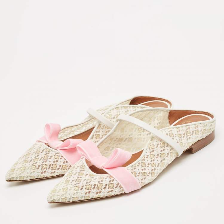 Pre Owned Malone Souliers White/Pink Lace and Leather Maureen Flat Sandals Size 37.5