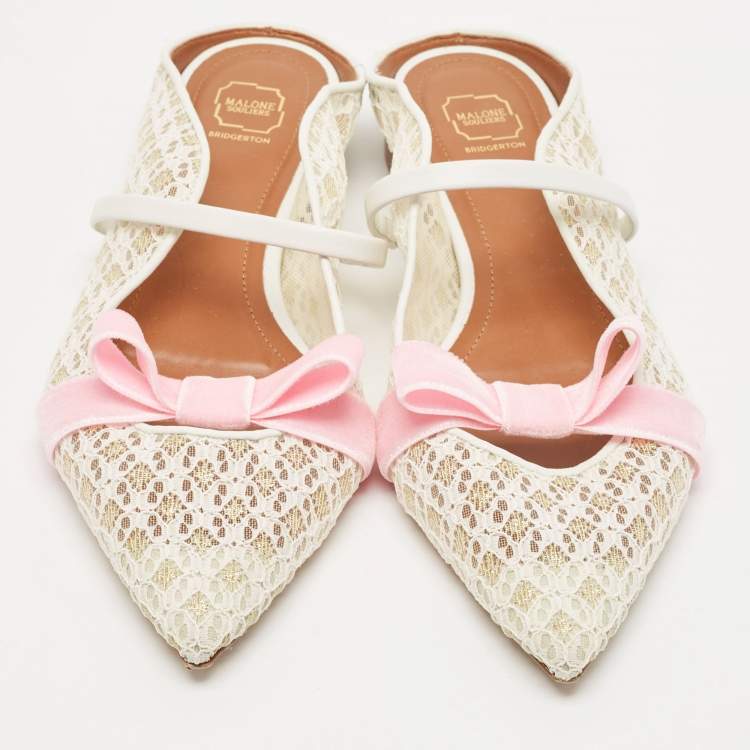 Pre Owned Malone Souliers White/Pink Lace and Leather Maureen Flat Sandals Size 37.5