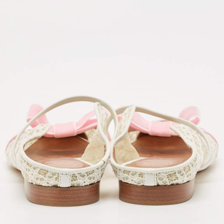 Pre Owned Malone Souliers White/Pink Lace and Leather Maureen Flat Sandals Size 37.5