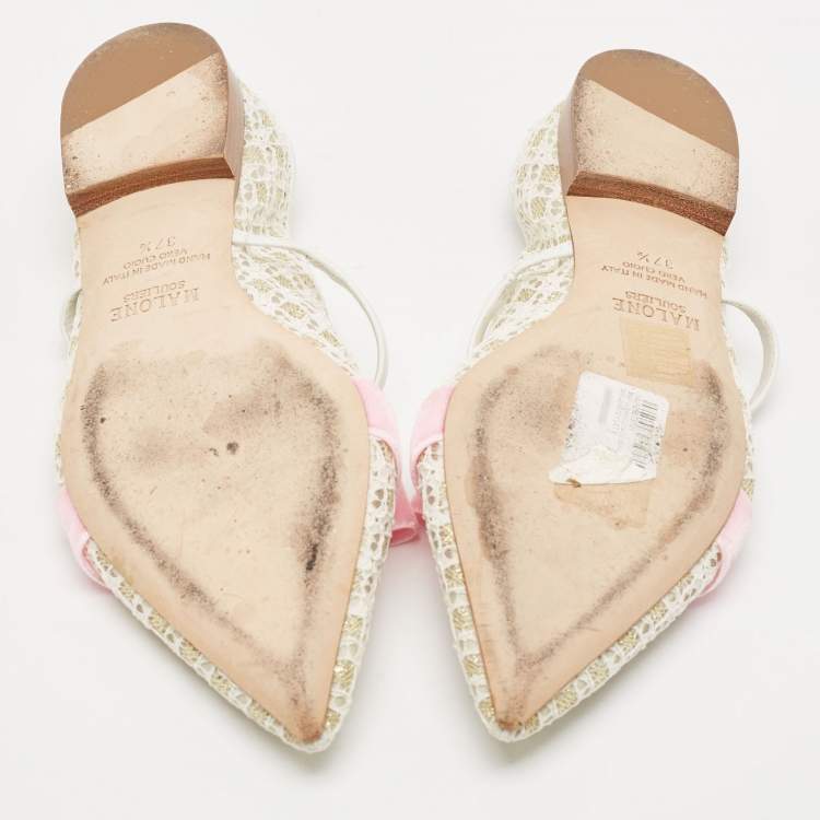 Pre Owned Malone Souliers White/Pink Lace and Leather Maureen Flat Sandals Size 37.5
