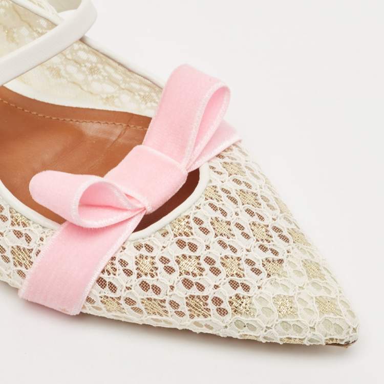 Pre Owned Malone Souliers White/Pink Lace and Leather Maureen Flat Sandals Size 37.5