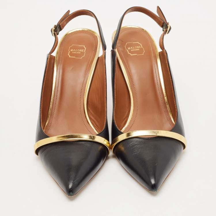 مملوكة مسبقًا Malone Souliers Black/Gold Leather Karlie Slingback Pumps Size 38.5