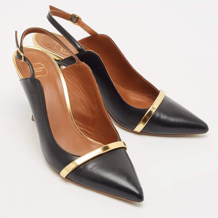 مملوكة مسبقًا Malone Souliers Black/Gold Leather Karlie Slingback Pumps Size 38.5