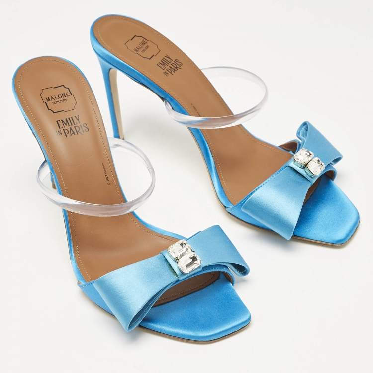 Pre Owned Malone Souliers Blue Satin Emily Slide Sandals Size 37