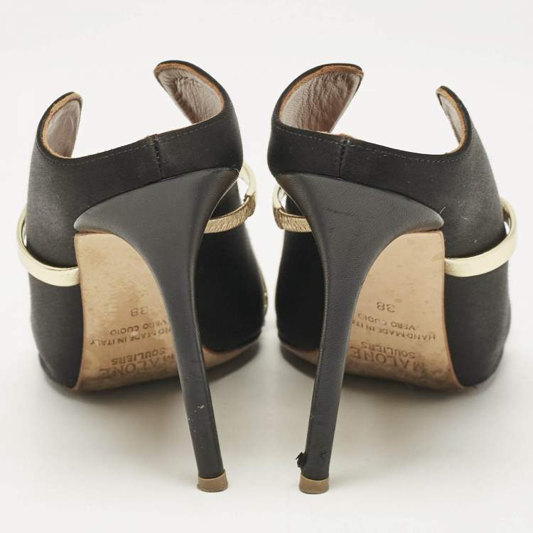 Pre Owned Malone Souliers Black/Gold Satin and Leather Maureen Flat Mules Size 38