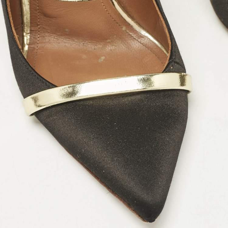 Pre Owned Malone Souliers Black/Gold Satin and Leather Maureen Flat Mules Size 38