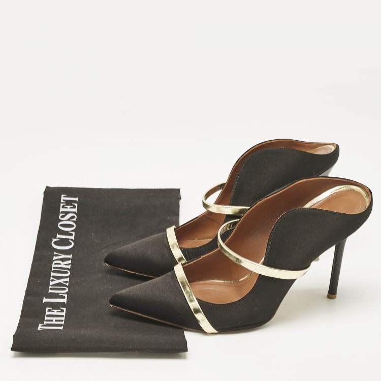 Pre Owned Malone Souliers Black/Gold Satin and Leather Maureen Flat Mules Size 38