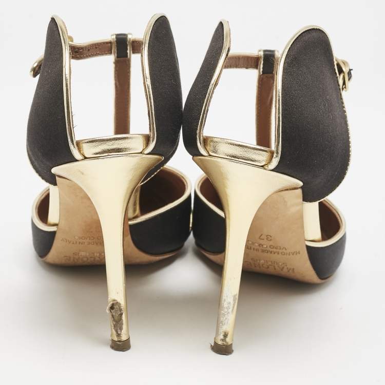 Pre Owned Malone Souliers Black/Gold Satin and Leather Imogen Sandals Size 37