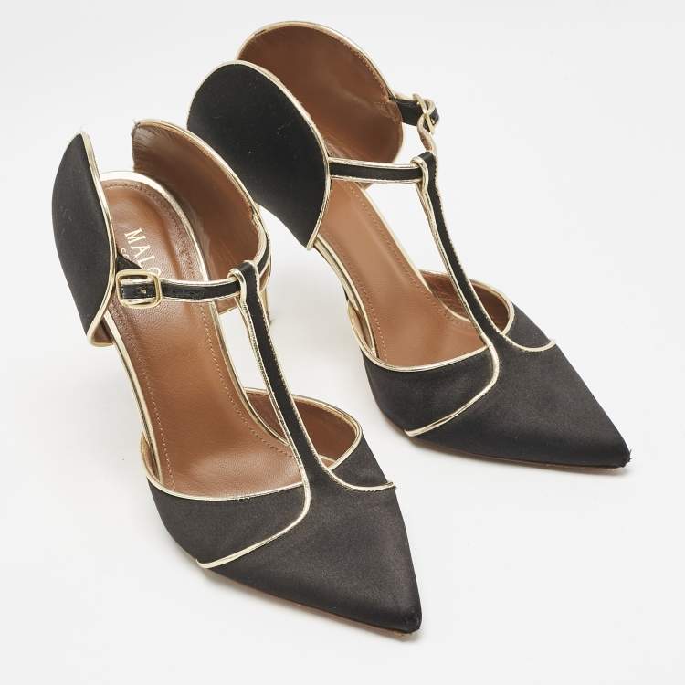 Pre Owned Malone Souliers Black/Gold Satin and Leather Imogen Sandals Size 37