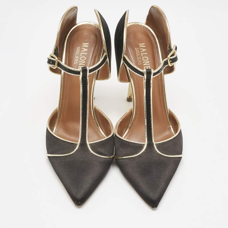 Pre Owned Malone Souliers Black/Gold Satin and Leather Imogen Sandals Size 37