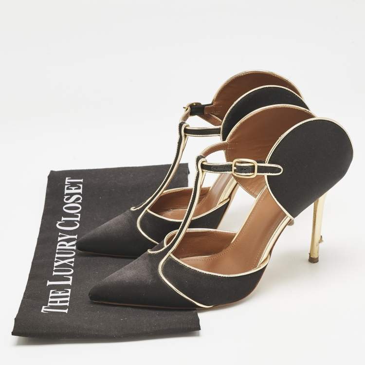 Pre Owned Malone Souliers Black/Gold Satin and Leather Imogen Sandals Size 37