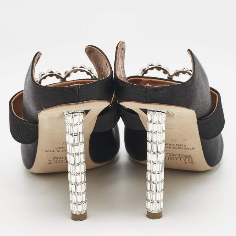 Pre Owned Malone Souliers Black Satin Crystal Embellished Maureen Sandals Size 39