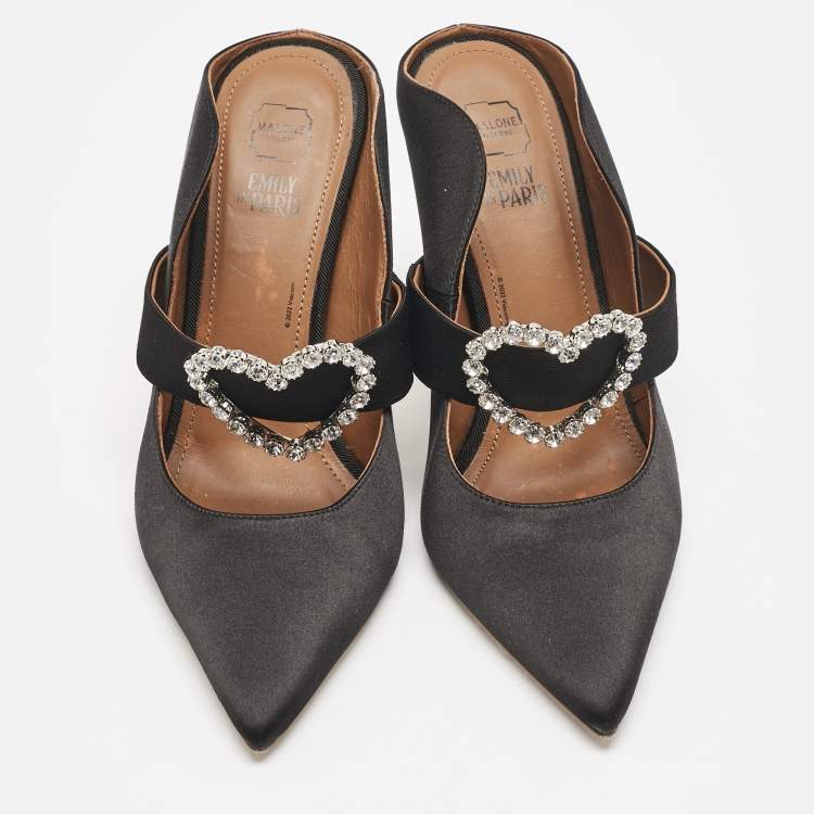 Pre Owned Malone Souliers Black Satin Crystal Embellished Maureen Sandals Size 39