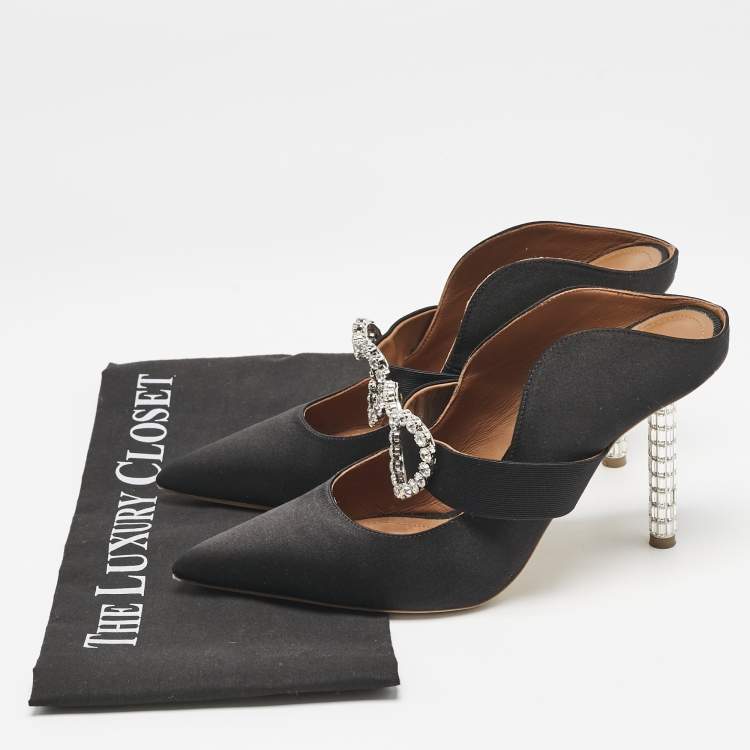Pre Owned Malone Souliers Black Satin Crystal Embellished Maureen Sandals Size 39