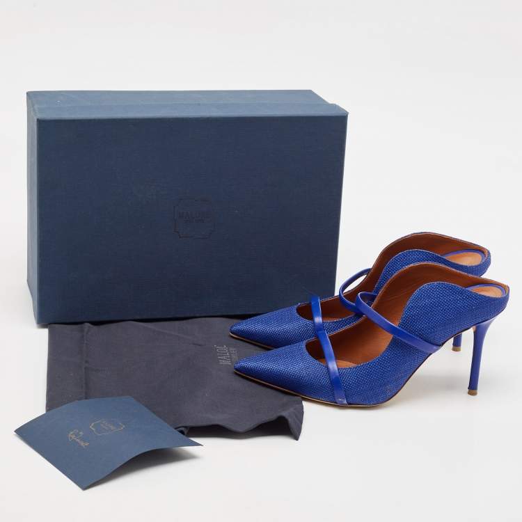 Pre Owned Malone Souliers Navy Blue Woven Raffia and Leather Maureen Mules Size 38
