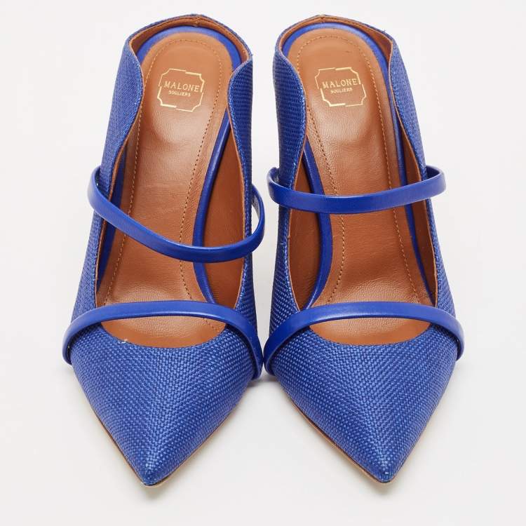 Pre Owned Malone Souliers Navy Blue Woven Raffia and Leather Maureen Mules Size 38