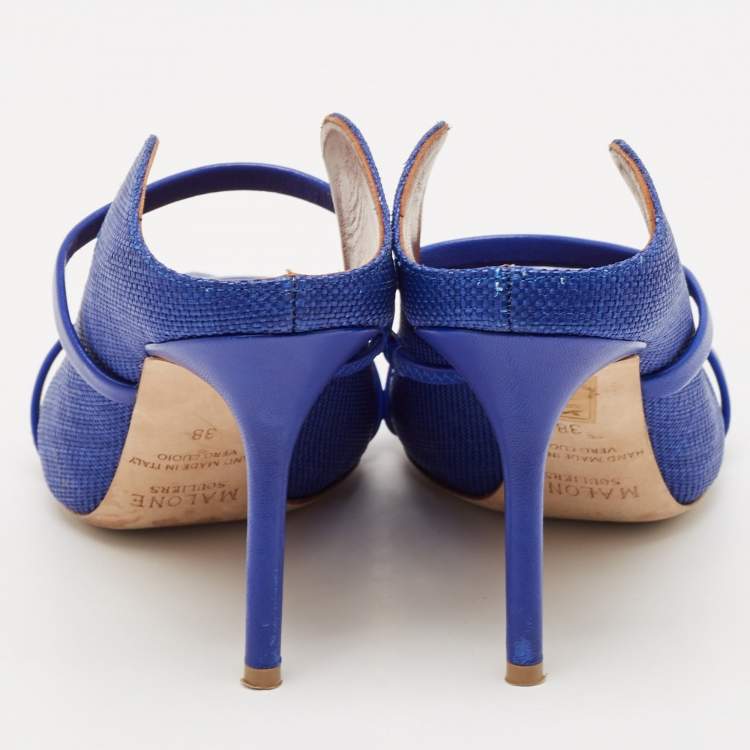 Pre Owned Malone Souliers Navy Blue Woven Raffia and Leather Maureen Mules Size 38