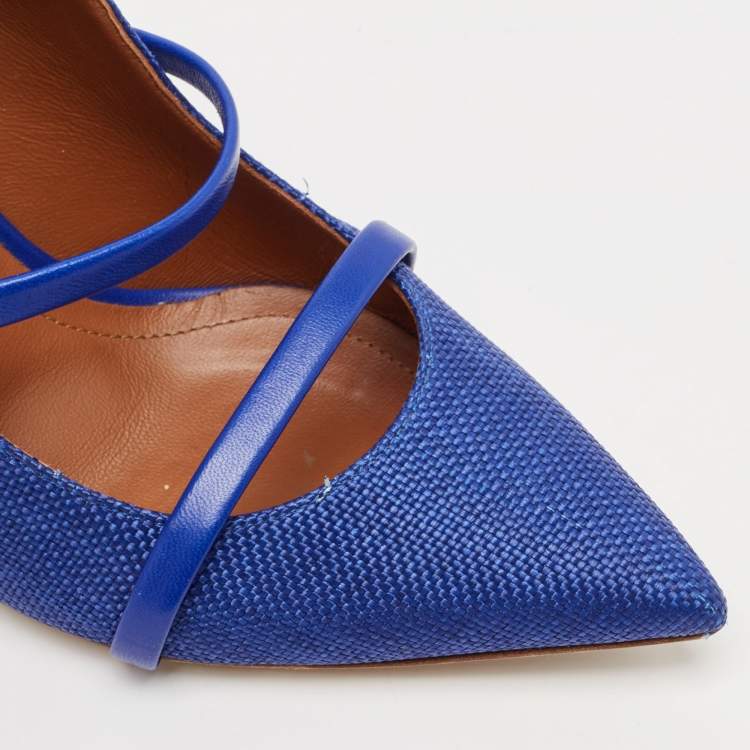 Pre Owned Malone Souliers Navy Blue Woven Raffia and Leather Maureen Mules Size 38