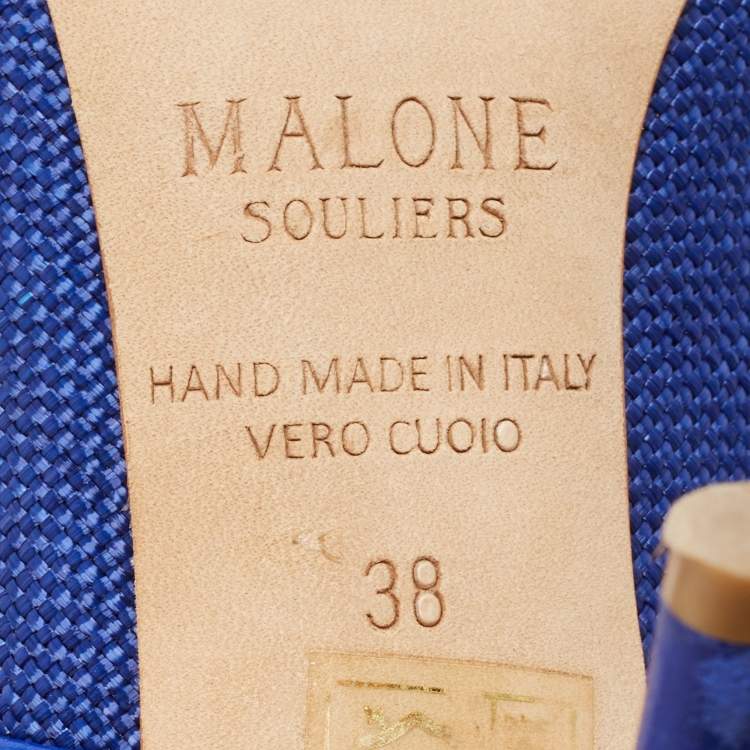 Pre Owned Malone Souliers Navy Blue Woven Raffia and Leather Maureen Mules Size 38