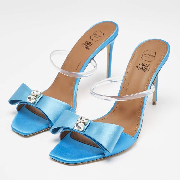 Pre Owned Malone Souliers Blue Satin and Rubber Emily Slide Sandals Size 39.5