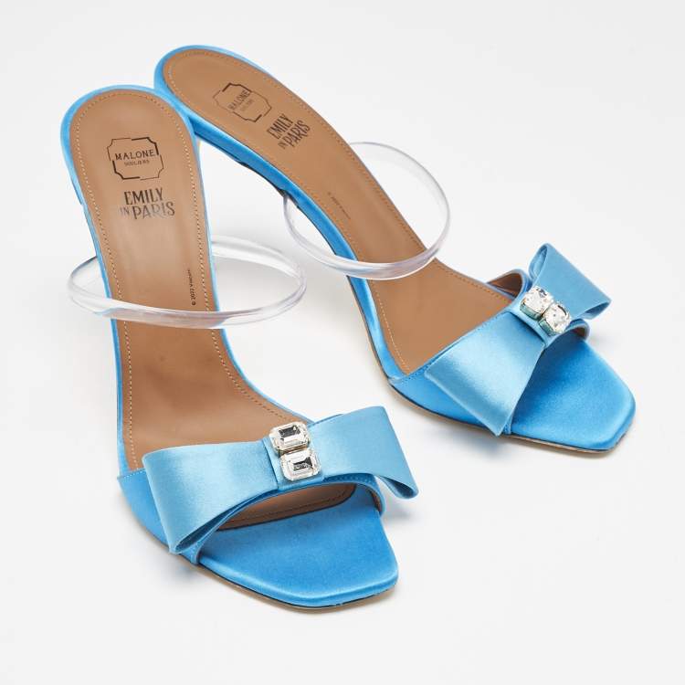 Pre Owned Malone Souliers Blue Satin and Rubber Emily Slide Sandals Size 39.5