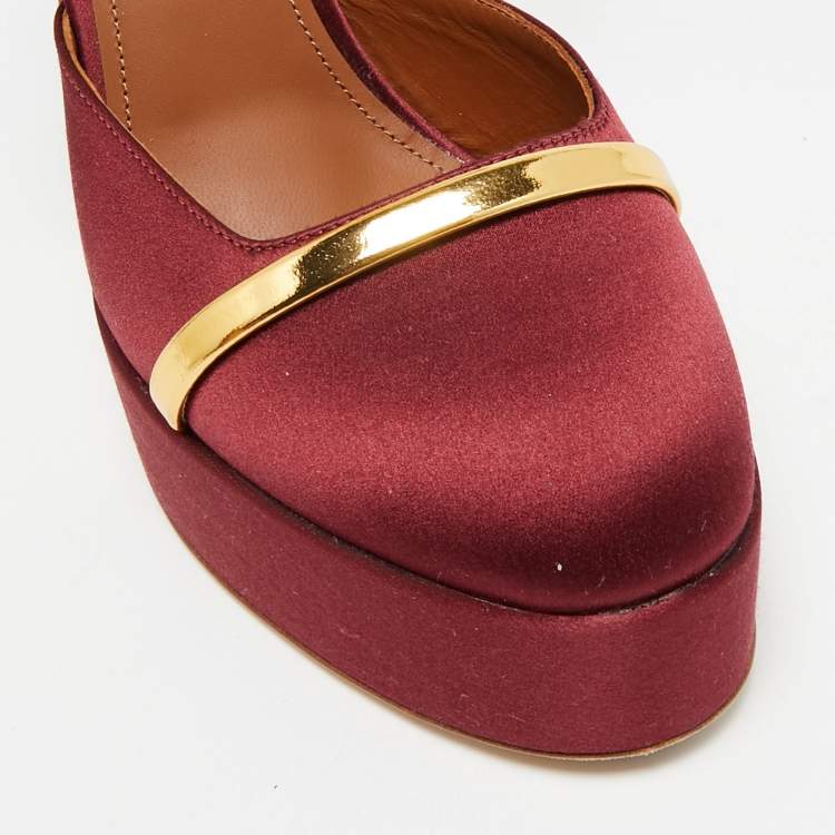 Pre Owned Malone Souliers Burgundy/Gold Satin Platform Mora Pumps Size 38