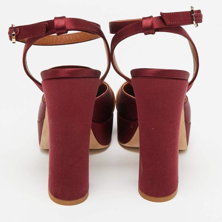 Pre Owned Malone Souliers Burgundy/Gold Satin Platform Mora Pumps Size 38