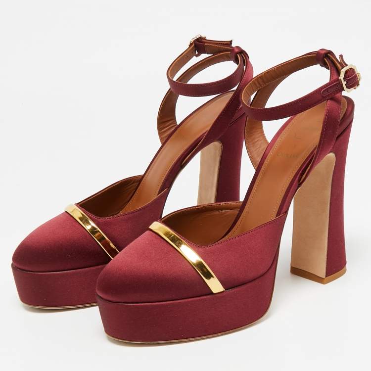 Pre Owned Malone Souliers Burgundy/Gold Satin Platform Mora Pumps Size 38